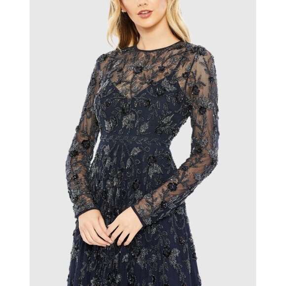 New MAC DUGGAL Size 2 Navy 10799 BEADED LONG SLEEVE A-LINE Cocktail Midi DRESS - Picture 2 of 11